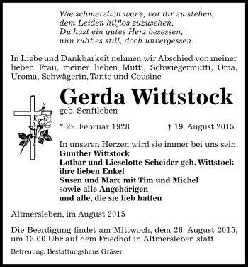 Traueranzeige von Gerda Wittstock von Uelzen