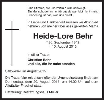 Traueranzeige von Heide-Lore Behr von Uelzen