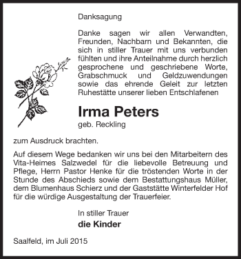 Traueranzeige von Irma Peters von Uelzen