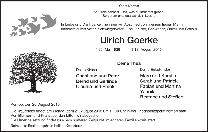  Traueranzeige für Ulrich Goerke vom 20.08.2015 aus Uelzen