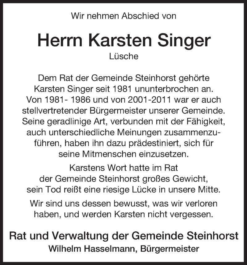  Traueranzeige für Karsten Singer vom 05.08.2015 aus Uelzen