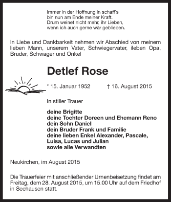 Traueranzeige von Detlef Rose von Uelzen