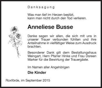 Traueranzeige von Anneliese Busse von Uelzen