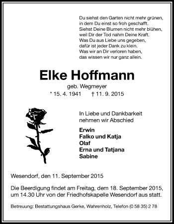 Traueranzeige von Elke Hoffmann von Uelzen