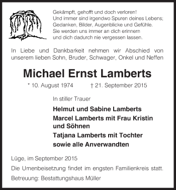 Traueranzeige von Michael Ernst Lamberts von Uelzen