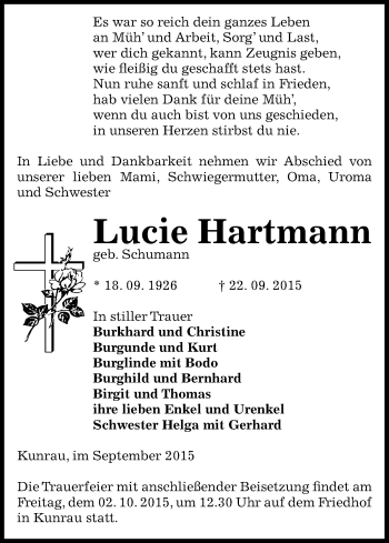 Traueranzeige von Lucie Hartmann von Uelzen
