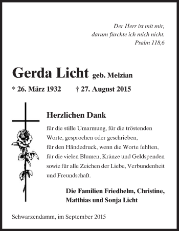 Traueranzeige von Gerda Licht von Uelzen