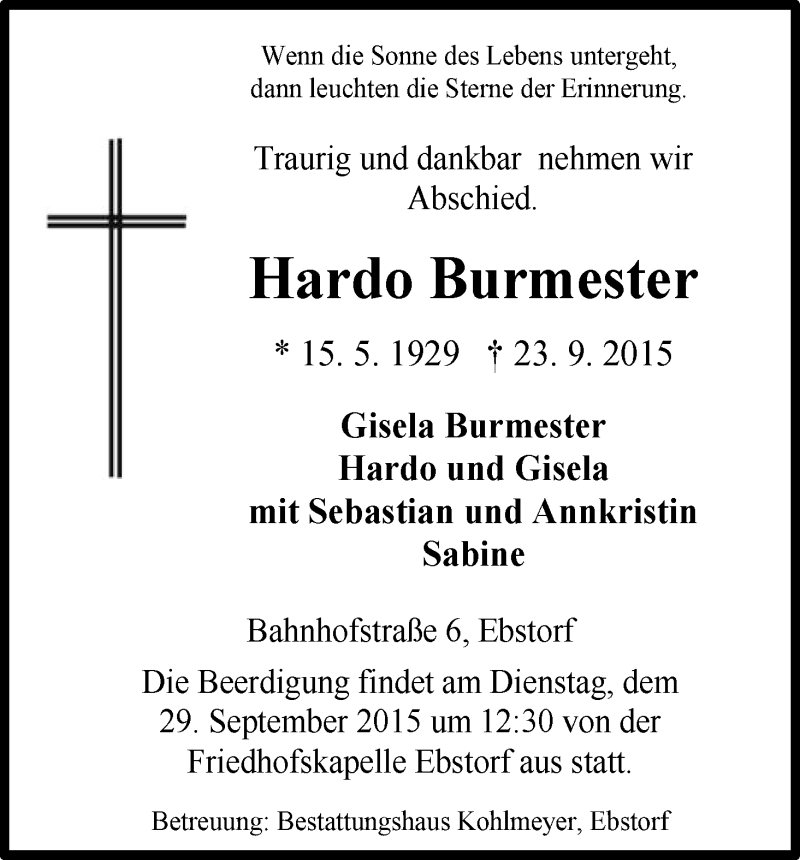  Traueranzeige für Hardo Burmester vom 26.09.2015 aus Uelzen