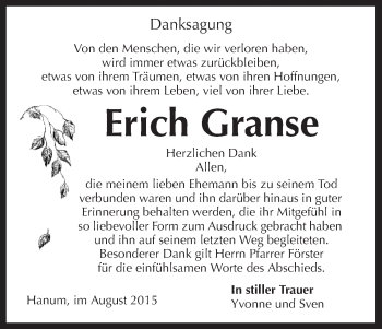 Traueranzeige von Erich Granse von Uelzen