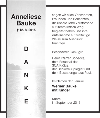 Traueranzeige von Anneliese Bauke von Uelzen