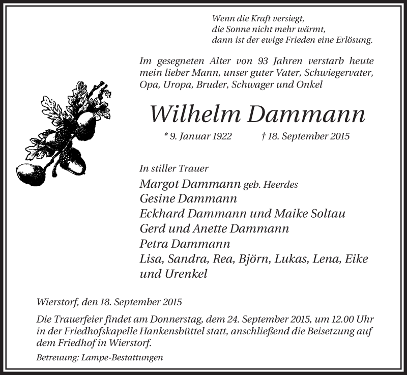  Traueranzeige für Wilhelm Dammann vom 22.09.2015 aus Uelzen