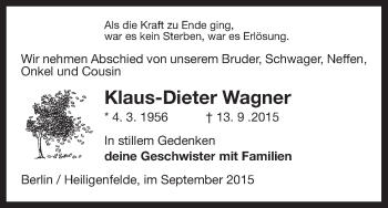 Traueranzeige von Klaus-Dieter Wagner von Uelzen