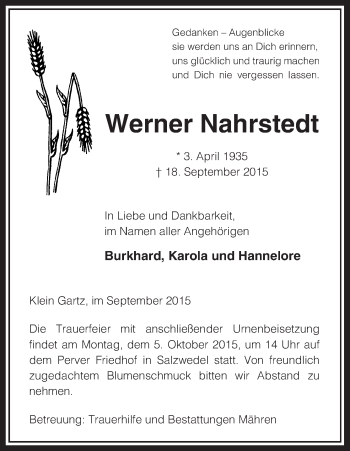 Traueranzeige von Werner Nahrstedt von Uelzen