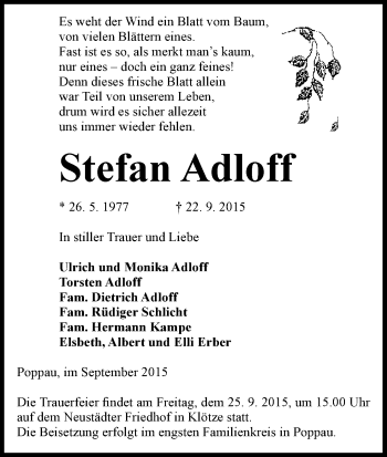 Traueranzeige von Stefan Adloff von Uelzen