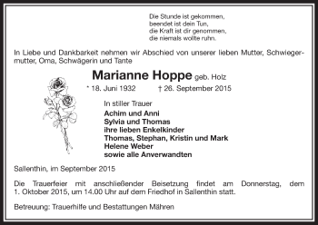 Traueranzeige von Marianne Hoppe von Uelzen