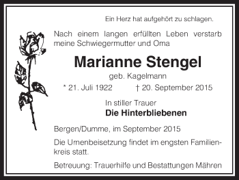 Traueranzeige von Marianne Stengel von Uelzen