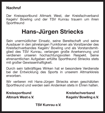 Traueranzeige von Hans-Jürgen Striecks von Uelzen