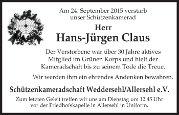 Traueranzeige von Hans-Jürgen Claus von Uelzen