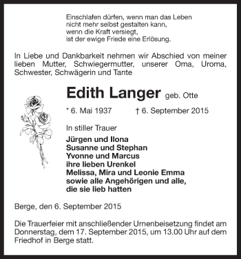 Traueranzeige von Edith Langer von Uelzen