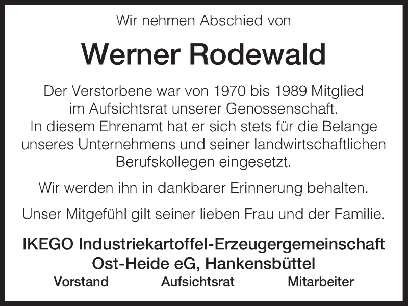  Traueranzeige für Werner Rodewald vom 09.09.2015 aus Uelzen