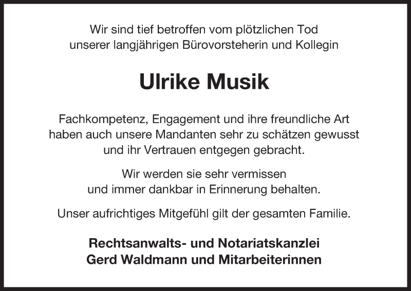  Traueranzeige für Ulrike Musik vom 22.09.2015 aus Uelzen