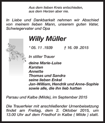 Traueranzeige von Willy Müller von Uelzen