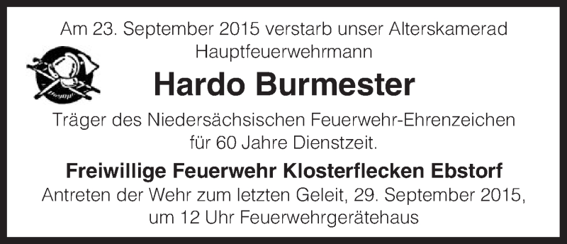  Traueranzeige für Hardo Burmester vom 29.09.2015 aus Uelzen