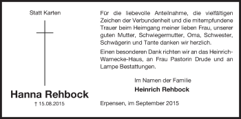 Traueranzeige von Hanna Rehbock von Uelzen