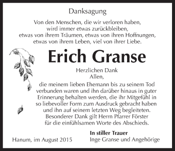 Traueranzeige von Erich Granse von Uelzen