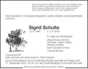 Traueranzeige von Sigrid Schulte von Uelzen