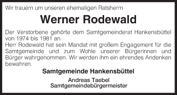 Traueranzeige von Werner Rodewald von Uelzen