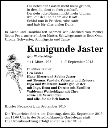 Traueranzeige von Kunigunde Jaster von Uelzen