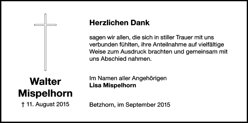  Traueranzeige für Walter Mispelhorn vom 19.09.2015 aus Uelzen