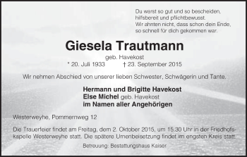 Traueranzeige von Gisela Trautmann von Uelzen