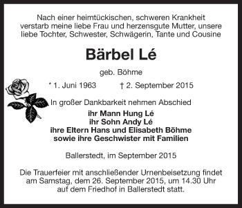 Traueranzeige von Bärbel Lé von Uelzen