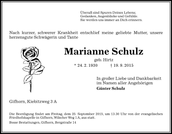 Traueranzeige von Marianne Schulz von Uelzen