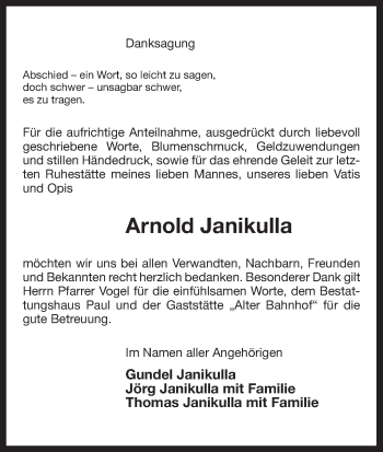 Traueranzeige von Arnold Janikulla von Uelzen