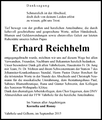 Traueranzeige von Erhard Reichhelm von Uelzen