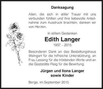 Traueranzeige von Edith Langer von Uelzen