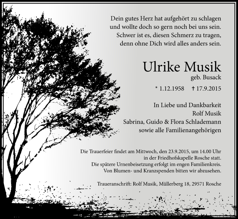  Traueranzeige für Ulrike Musik vom 22.09.2015 aus Uelzen