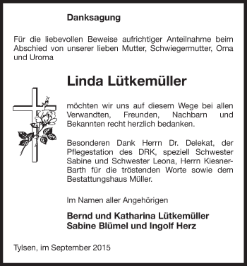 Traueranzeige von Linda Lütkemüller von Uelzen