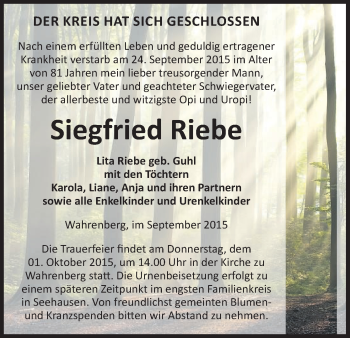 Traueranzeige von Siegfried Riebe von Uelzen