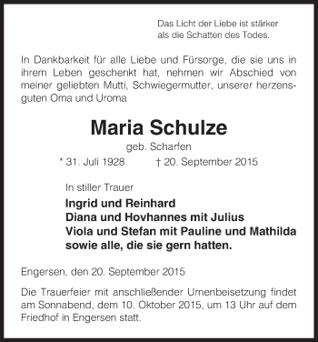 Traueranzeige von Maria Schulze von Uelzen