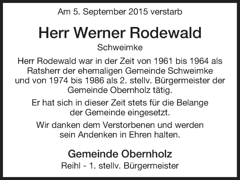  Traueranzeige für Werner Rodewald vom 09.09.2015 aus Uelzen