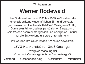 Traueranzeige von Werner Rodewald von Uelzen