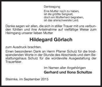 Traueranzeige von Hildegard Görlach von Uelzen