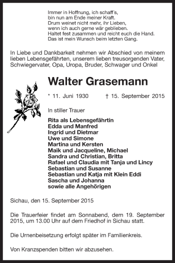 Traueranzeige von Walter Grasemann von Uelzen