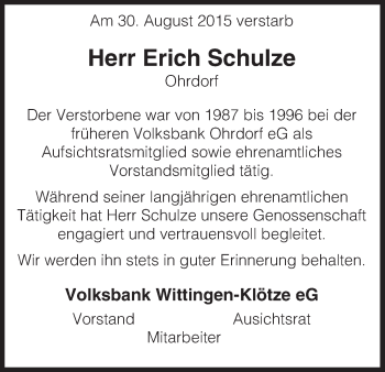 Traueranzeige von Erich Schulze von Uelzen