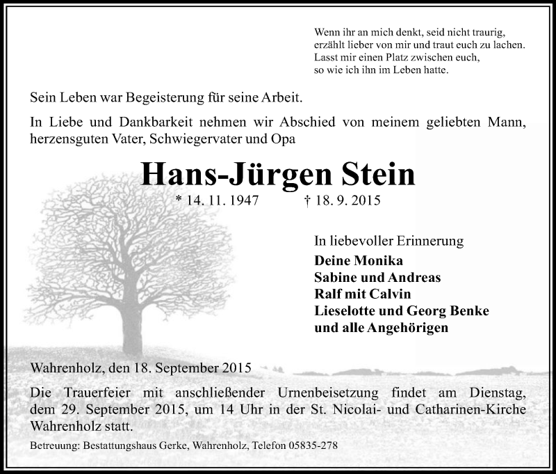  Traueranzeige für Hans-Jürgen Stein vom 24.09.2015 aus Uelzen