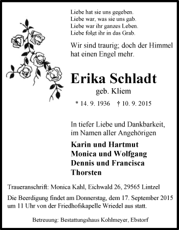 Traueranzeige von Erika Schladt von Uelzen